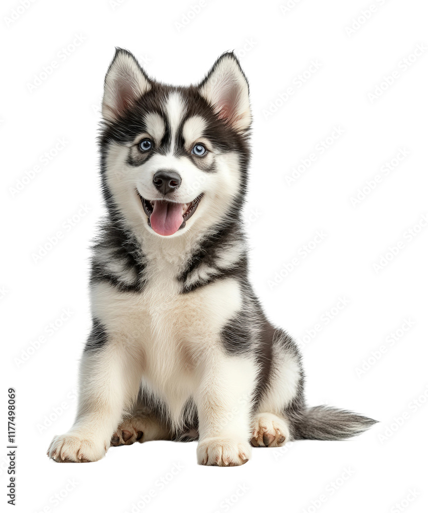 Obraz premium Cheerful husky puppy sitting upright in a bright indoor space high fidelity captivating pet portrait adorable canine companion isolated on transparent background