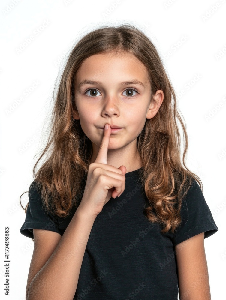 Young girl with long brown hair making silence gesture, wearing black shirt, standing against a bright white background, ideal for text placement. Young girl with long brown hair making silence gesture, wearing black shirt, standing against a bright white background, ideal for text placement.