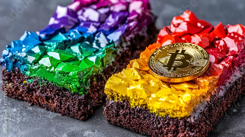 Colorful dessert bars topped with vibrant jelly crystals and a gold Bitcoin coin, blending sweets and cryptocurrency themes creatively. photo