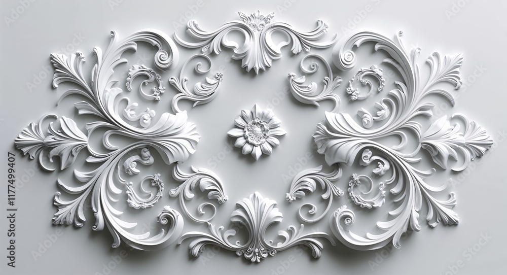 Elegant flourishes and swirls framing a central design in soft white in white illustration background Elegant flourishes and swirls framing a central design in soft white in white illustration background