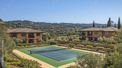 Luxurious tennis court overlooking a hillside community with tan-colored homes and lush landscaping. photo