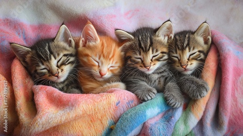 beautiful four cat at sleeping  colorful bucket 