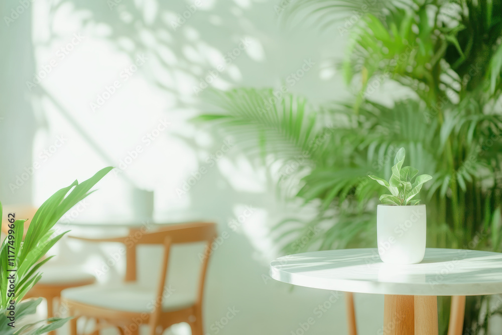 Fototapeta premium Serene Indoor Plant Decor in Sunlit Minimalist Cafe Setting