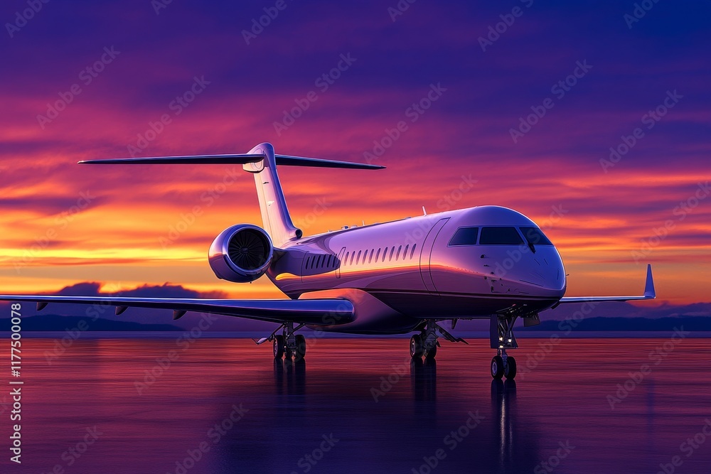 Obraz premium Sunset Private Jet Departure - Luxury travel, private aviation, sunset flight, business jet, success journey