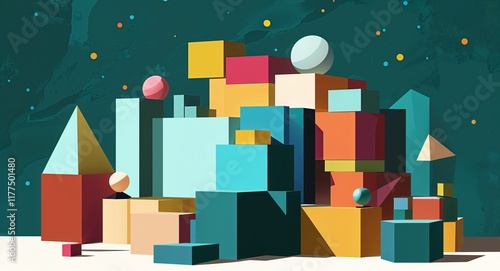 Geometric blocks of varying sizes and colors stacked in teal illustration background