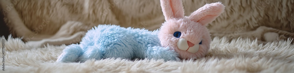 Soft pastel-colored plush bunny toy resting on a fluffy beige rug Soft pastel-colored plush bunny toy resting on a fluffy beige rug