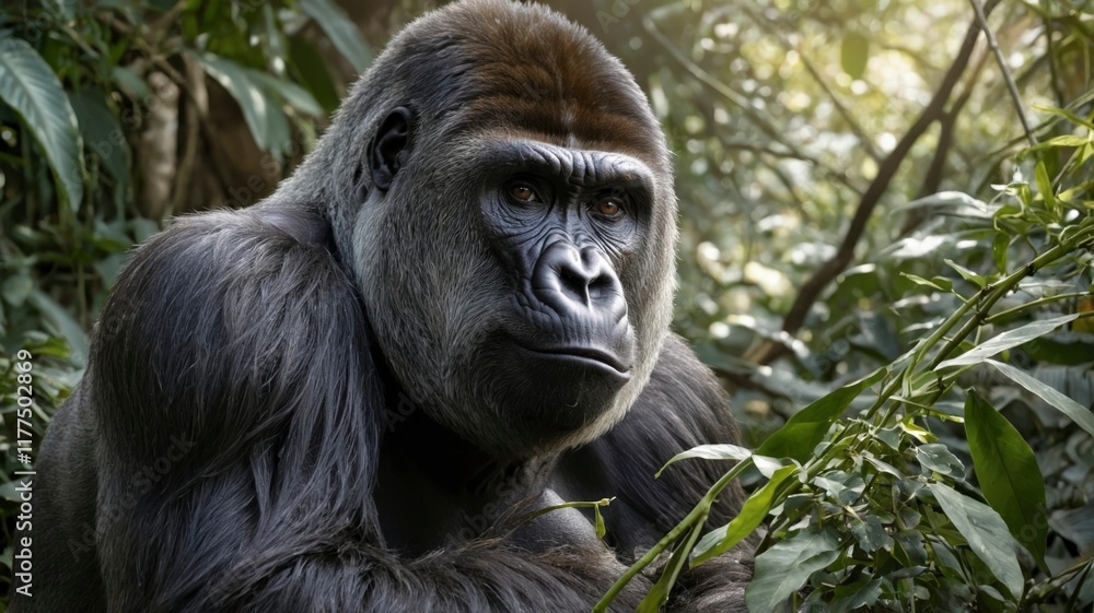 A powerful gorilla peers from the jungle depths with wisdom and gentle strength in his eyes A powerful gorilla peers from the jungle depths with wisdom and gentle strength in his eyes
