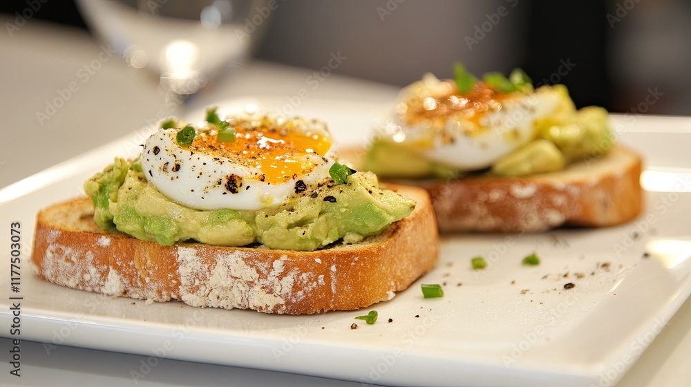 The image shows two toasted slices on a white dish, topped with avocado and cooked eggs dusted with black pepper. This meal is ideal for promoting cafés, restaurants, and gourmet blogs. The image shows two toasted slices on a white dish, topped with avocado and cooked eggs dusted with black pepper. This meal is ideal for promoting cafés, restaurants, and gourmet blogs.