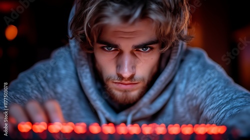 Focused Gamer: Intense Portrait with Red Keyboard Glow photo