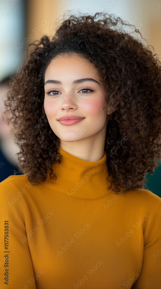 confident woman with curly hair in cozy turtleneck sweater confident woman with curly hair in cozy turtleneck sweater
