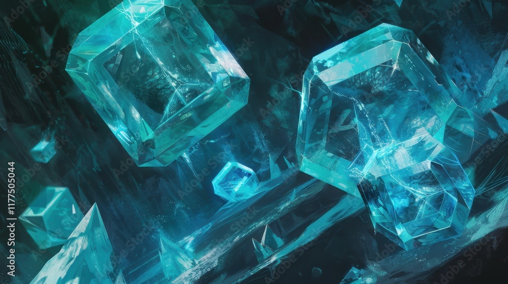 Stunning Teal Crystal Clusters Glimmering in Dark Abyss: A Digital Art Masterpiece Stunning Teal Crystal Clusters Glimmering in Dark Abyss: A Digital Art Masterpiece