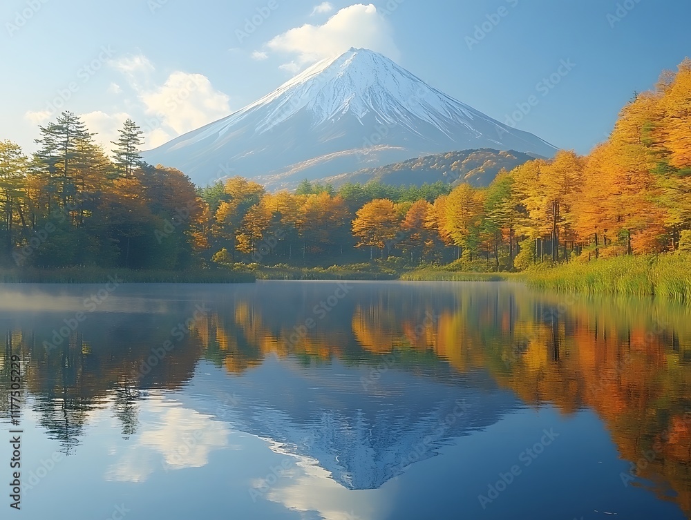Majestic Mount Fuji Reflected in Serene Lake Amidst Vibrant Autumn Foliage Majestic Mount Fuji Reflected in Serene Lake Amidst Vibrant Autumn Foliage