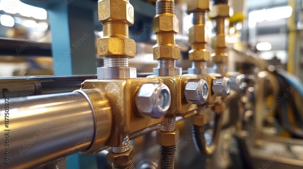 Close up of pipes and valves connecting in an industrial plant, representing a complex plumbing or hydraulic system, showcasing precision engineering and fluid control Close up of pipes and valves connecting in an industrial plant, representing a complex plumbing or hydraulic system, showcasing precision engineering and fluid control