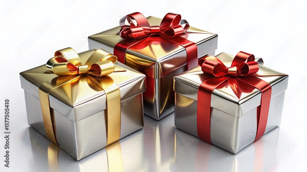 Obraz premium Luxurious 3D Metallic Gift Boxes with Red Ribbons - Isolated PNG for Festive Designs