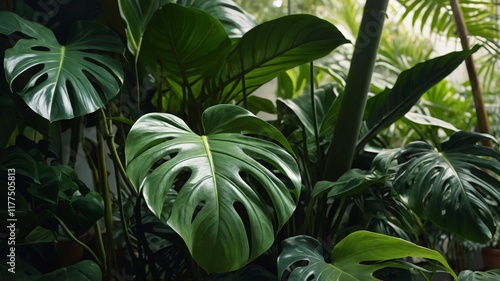 Lush Green Monstera Leaves with Natural Light Filtering Through a Tropical Setting photo