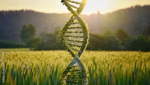 Lush Green DNA Helix Structure in Wheat Field at Sunrise Symbolizing Genetic Engineering, Biotechnology, and Sustainable Agriculture

