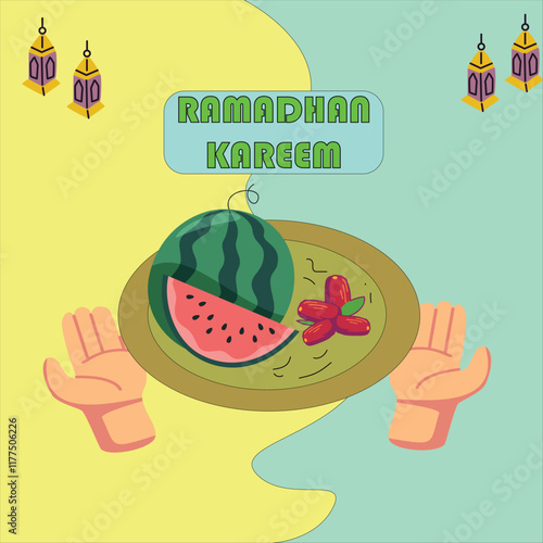 Ramadhan Kareem with dates watermelon and decorative lanterns for holy month