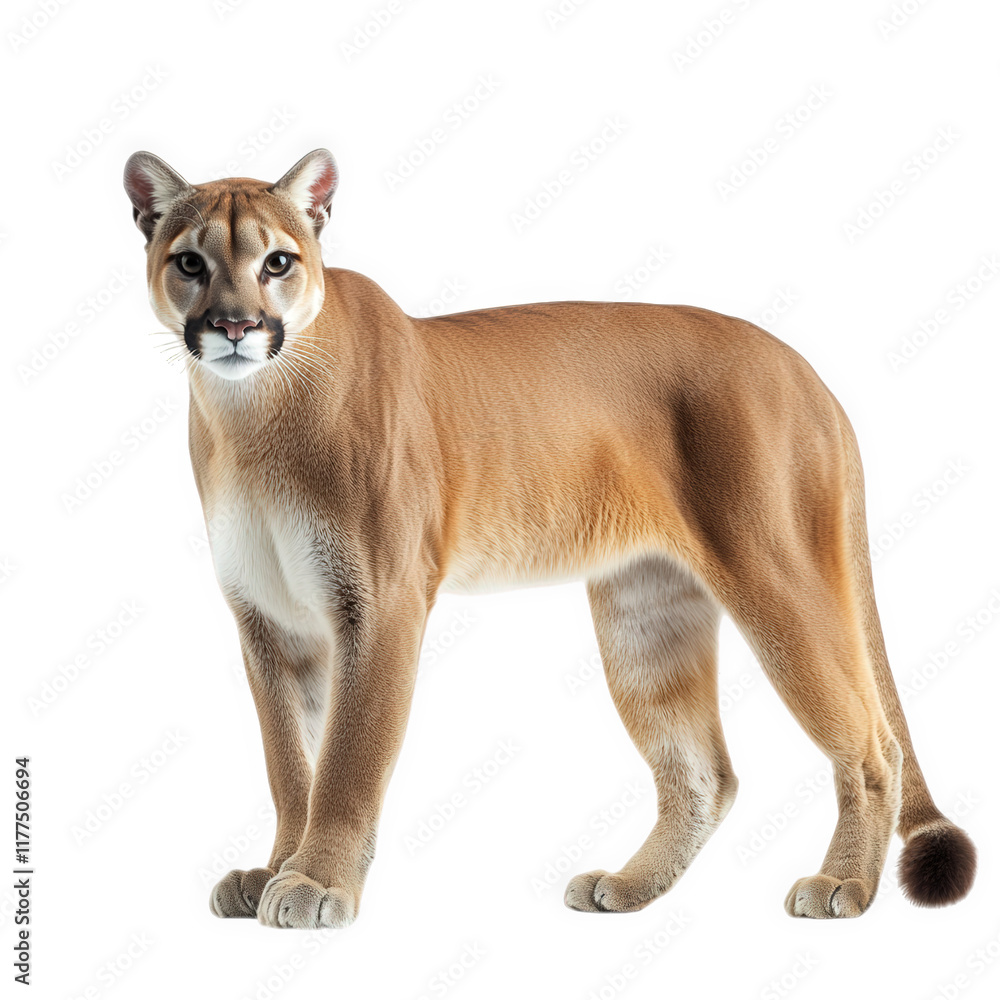 Obraz premium a realistic depiction of a puma standing in a neutral pose against a white background. showcasing the animal's sleek body and distinctive features the puma's natural beauty and agility. making it suit