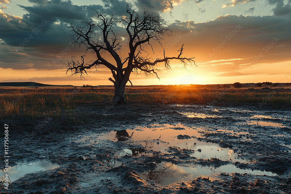 A lone, leafless tree standing in a cracked desert landscape at sunset, with the sun shining through its trunk A lone, leafless tree standing in a cracked desert landscape at sunset, with the sun shining through its trunk
