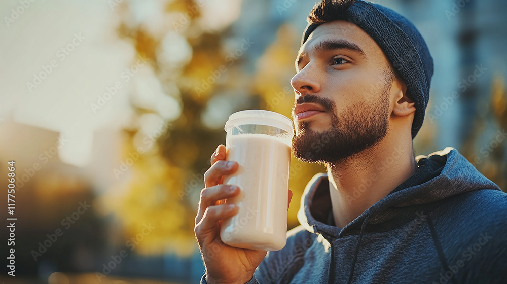 A man drinks a protein smoothie after his workout, refueling his body with essential nutrients. A man drinks a protein smoothie after his workout, refueling his body with essential nutrients.