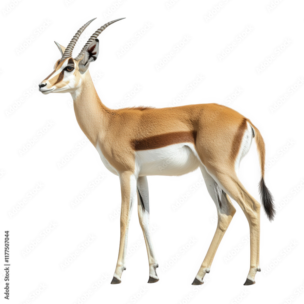 Fototapeta premium graceful gazelle standing elegantly against a white background. showcasing its slender body. long legs. and distinctive curved horns its coat is a blend of tan and white. highlighting its natural beau