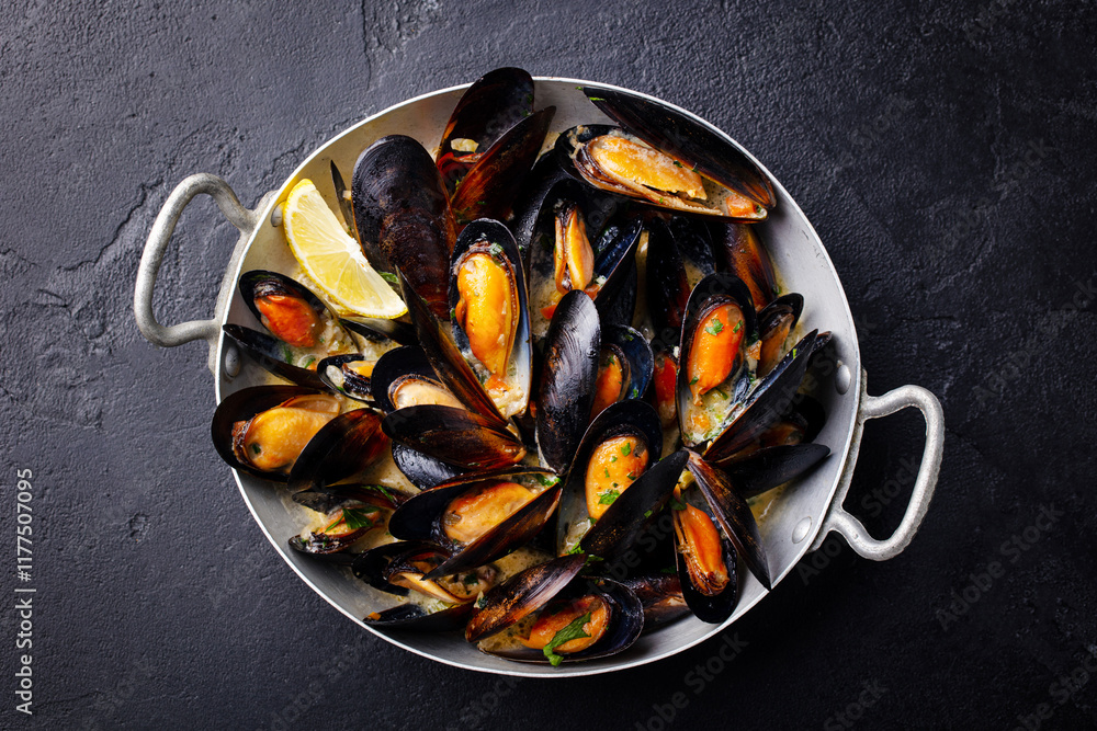 Mussels with herbs and sauce in black pan. Dark background. Close up. Top view. Mussels with herbs and sauce in black pan. Dark background. Close up. Top view.