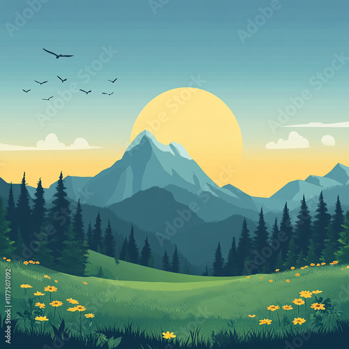 Beautiful cartoon lake and the mountains in the background