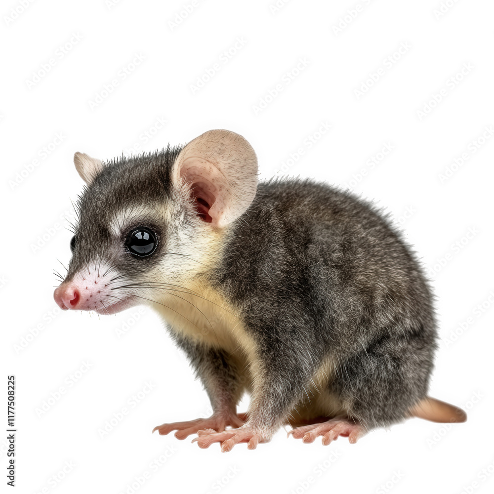 close-up of a small. furry animal resembling a marsupial. characterized by its large ears. pointed snout. and a patterned coat the animal is positioned on a white background. showcasing its distinctiv close-up of a small. furry animal resembling a marsupial. characterized by its large ears. pointed snout. and a patterned coat the animal is positioned on a white background. showcasing its distinctiv