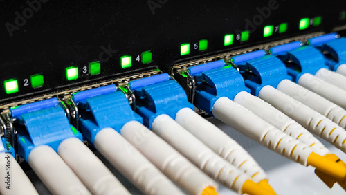 Quadro su tela Fiber optic network connection. Signal transmission equipment