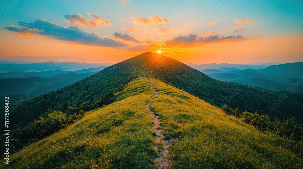 Fototapeta premium Majestic sunset over mountain peak with grassy trail.