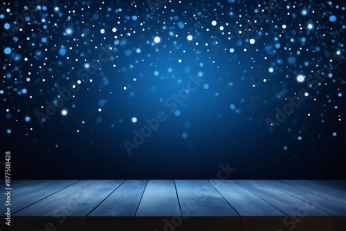 a blue background with a wooden floor and a lot of snow