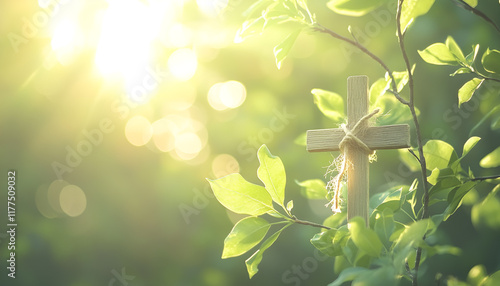 Background with yellow forsythia flowers and buds and the holy cross of Jesus Christ in hand on a warm spring day with strong sunlight