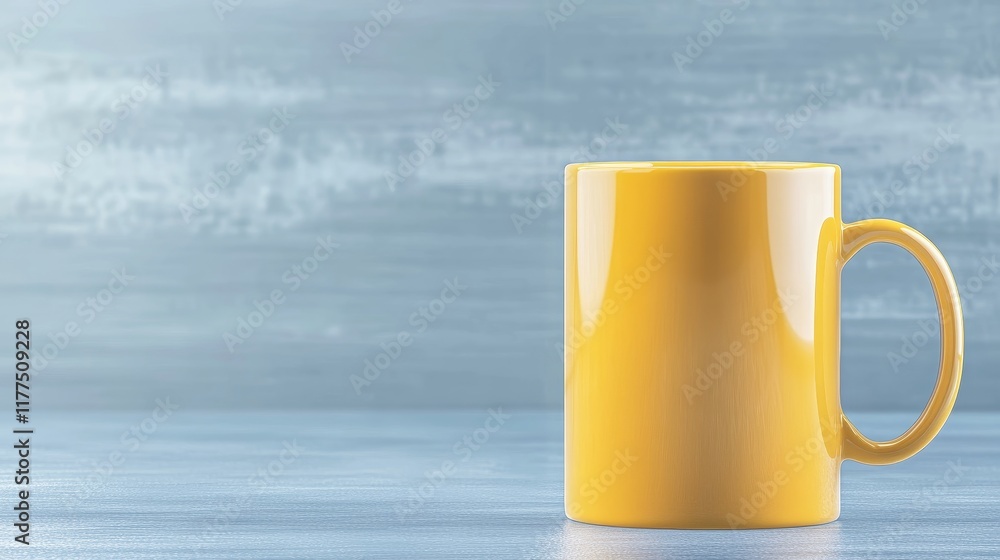 Obraz premium Yellow Mug on Blue Table - A single yellow mug sits on a blue wooden table against a blurred blue background. Concepts: simplicity, minimalism, warmth, blank canvas, potential.
