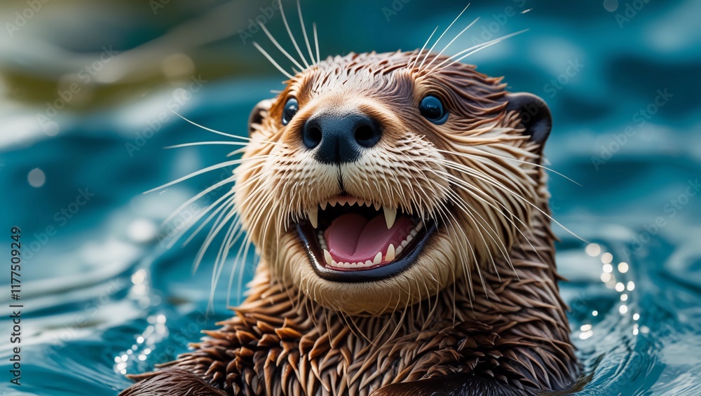 Cheerful Sea Otter Floating in Water with a Joyful Smile Cheerful Sea Otter Floating in Water with a Joyful Smile