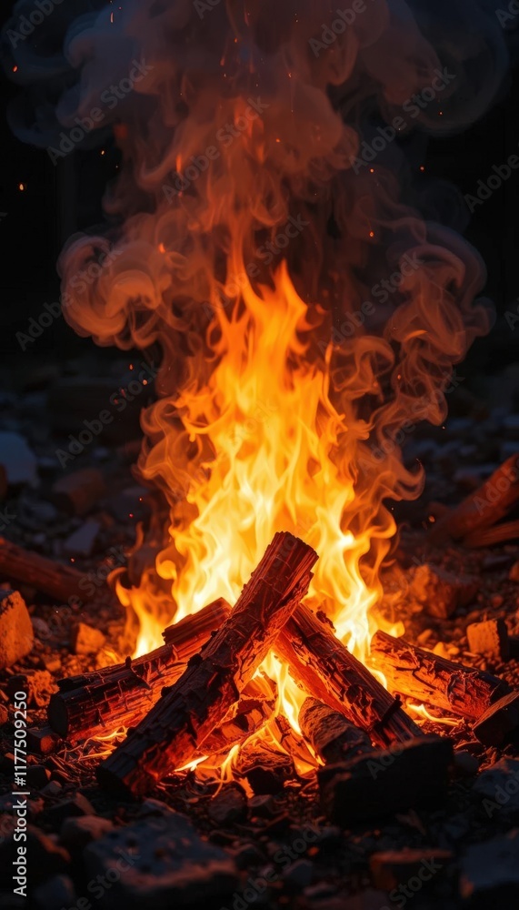 Close-up of a campfire with burning logs and glowing flames. Close-up of a campfire with burning logs and glowing flames.
