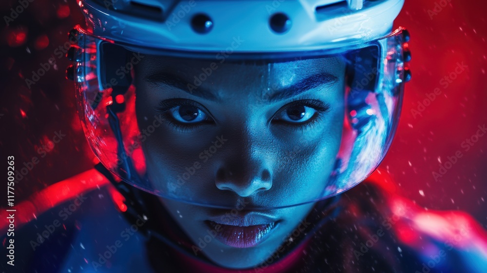 Intense close-up of woman's face through hockey helmet, reflecting grit and focus needed for competitive winter sports. Eyes on victory. Intense close-up of woman's face through hockey helmet, reflecting grit and focus needed for competitive winter sports. Eyes on victory.