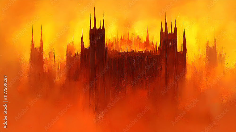 Obraz premium Dramatic abstract painting of a Gothic cathedral at sunset, fiery orange hues, textured brushstrokes, atmospheric perspective.