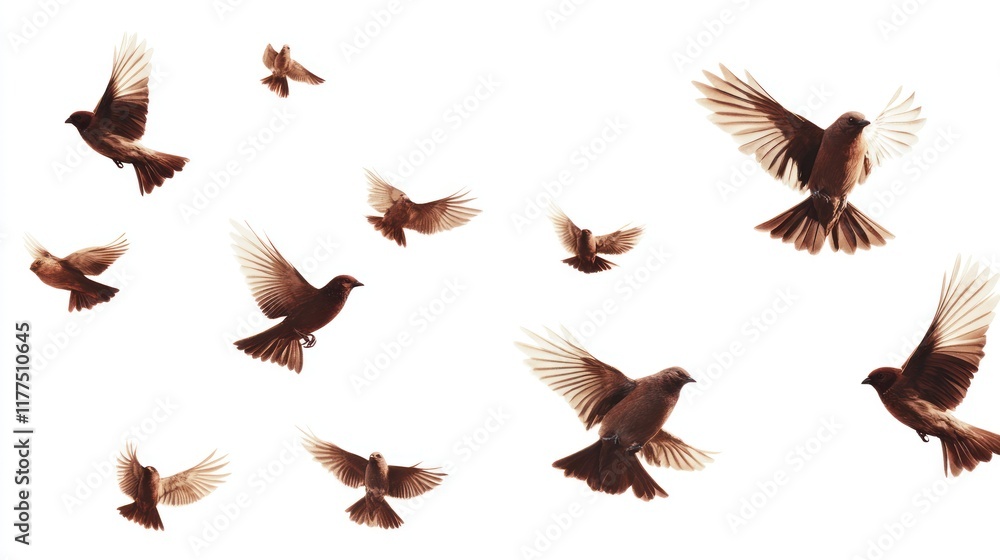 Obraz premium A Flock of Brown Birds in Flight Against a White Background