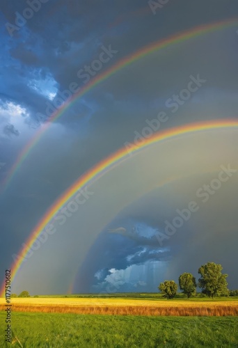 Double rainbow over rural field with golden and green landscape. photo