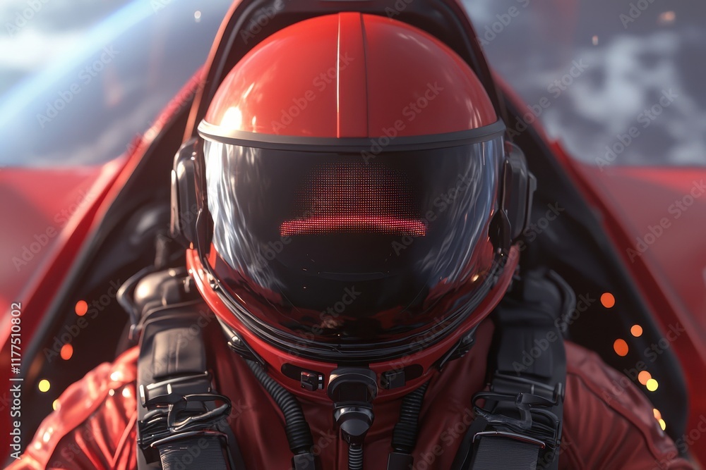 Fototapeta premium A futuristic pilot in a sleek red suit, wearing a high-tech helmet, is poised inside a spacecraft against a cosmic backdrop.