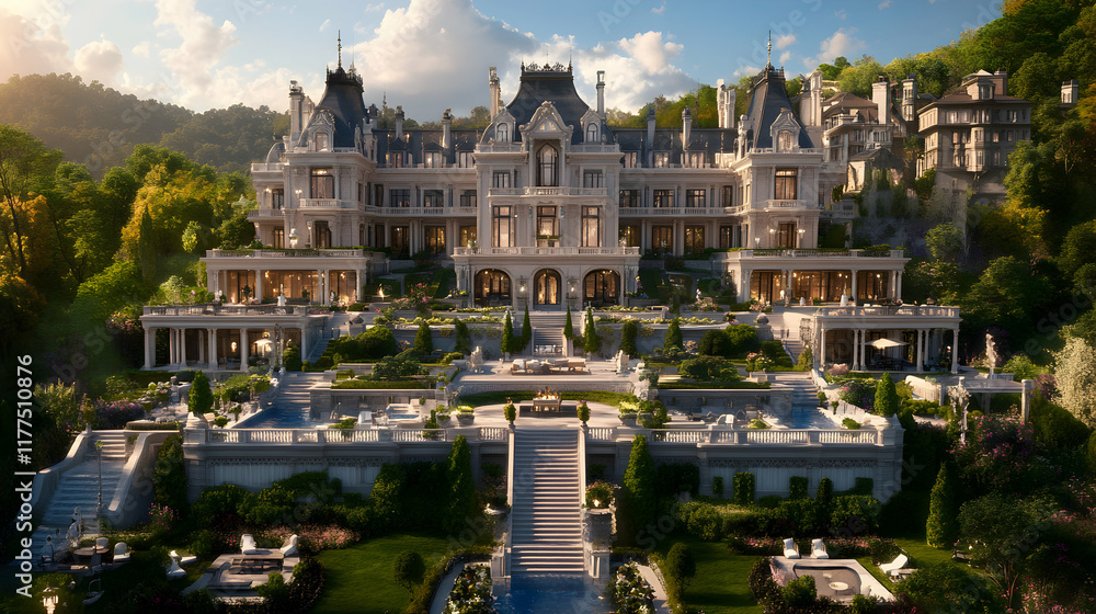 Fototapeta premium Grand Chateau overlooking lush hillside. Luxurious estate with extensive gardens, pools & stunning architecture. Perfect for real estate, luxury lifestyle, and travel publications.