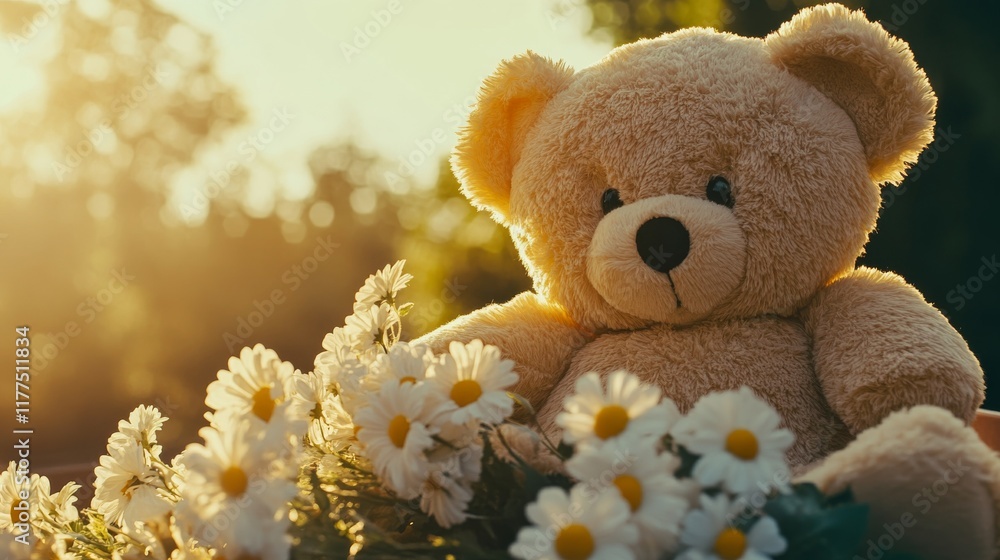 Fototapeta premium A soft teddy bear sits among delicate white daisies, illuminated by the warm glow of a sunset. The serene setting creates a gentle and inviting atmosphere