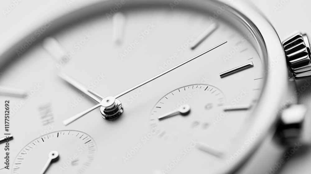 Close-up of a sophisticated silver watch featuring minimalistic design with a white dial and distinct time markers. The image highlights the watch's elegance and craftsmanship Close-up of a sophisticated silver watch featuring minimalistic design with a white dial and distinct time markers. The image highlights the watch's elegance and craftsmanship