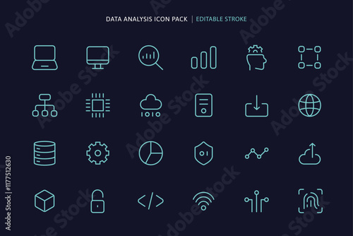 Minimalist icon set of 24 data analysis-themed vectors: laptops, cloud, AI, graphs. Neon blue stroke and editable stroke. UX UI design. Technology vector icons. outline style.