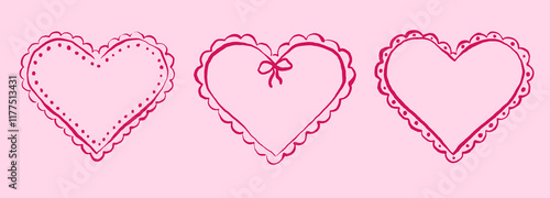 Set of scallop frame heart shape. Vintage element for greeting card. Simple Badges with Zig Zag Borders in doodle ink style
