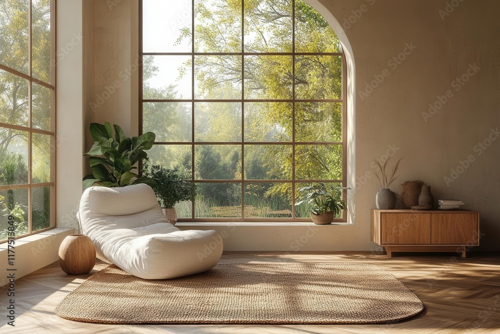 Fototapeta premium modern scandinavian living room interior design with elegant commode, minimalist decor and natural light, 3d visualization