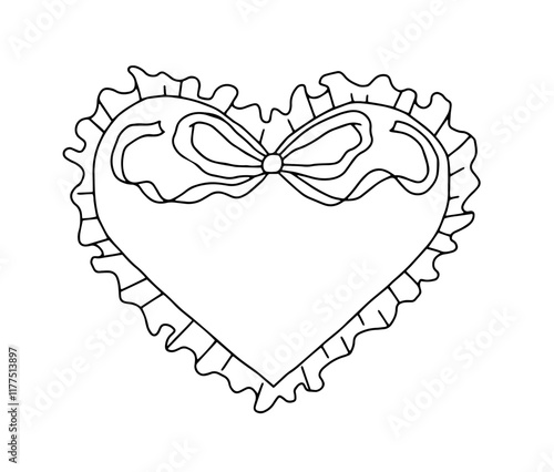 Set of outline scallop frame border in vintage doodle style. Retro frame with wavy border and bow. Brush hand drawn heart shape in doodle ink style