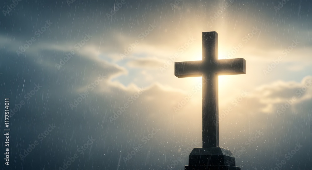 Radiant cross shining through soft rain symbolizing Gods promise after the storm Radiant cross shining through soft rain symbolizing Gods promise after the storm
