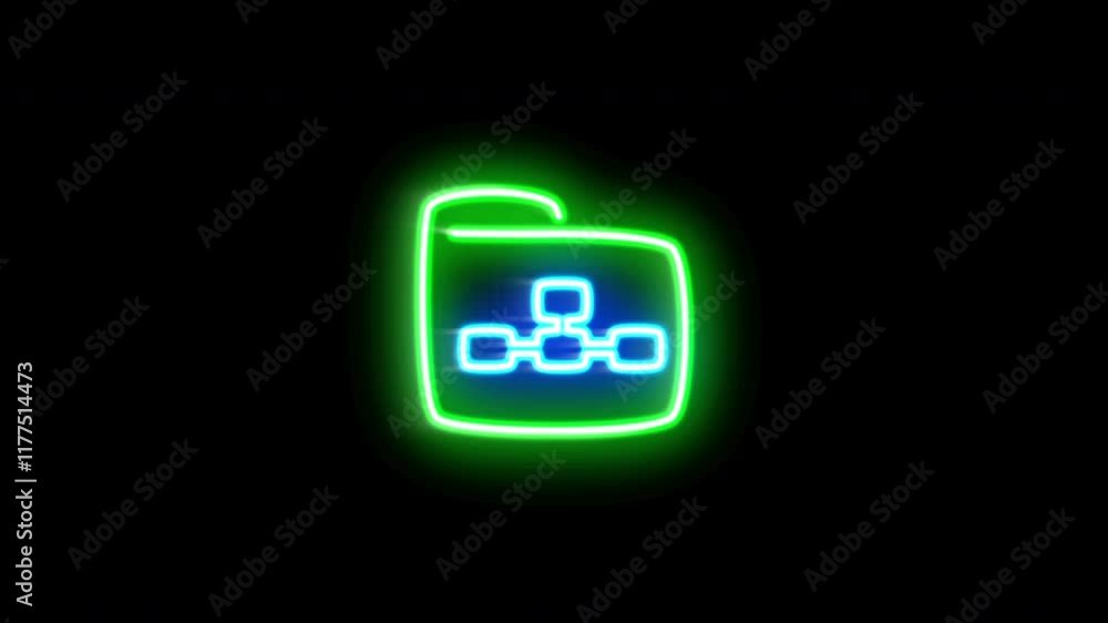 The blinking neon light of a folder icon on a black background. The blinking neon light of a folder icon on a black background.