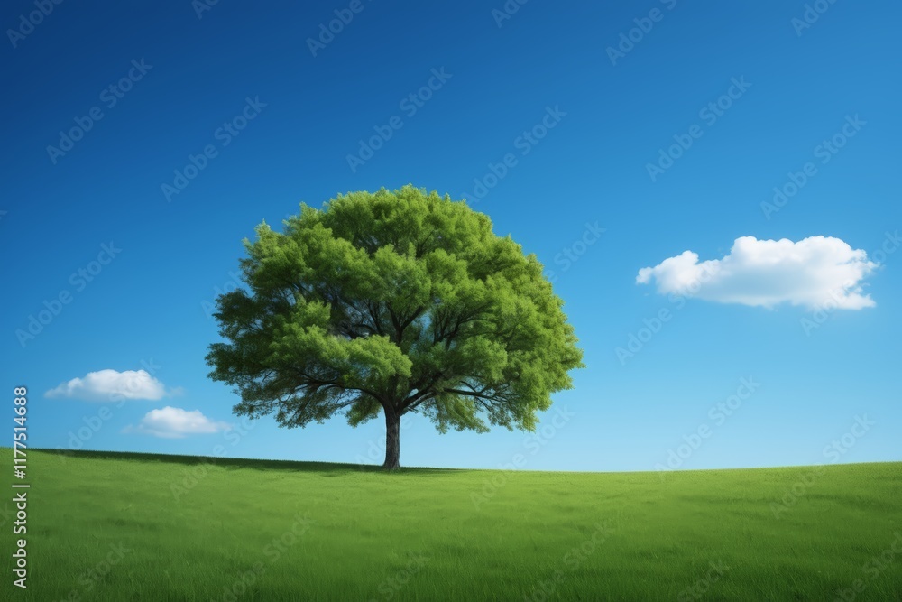 Obraz premium arafed tree in a grassy field with a blue sky in the background
